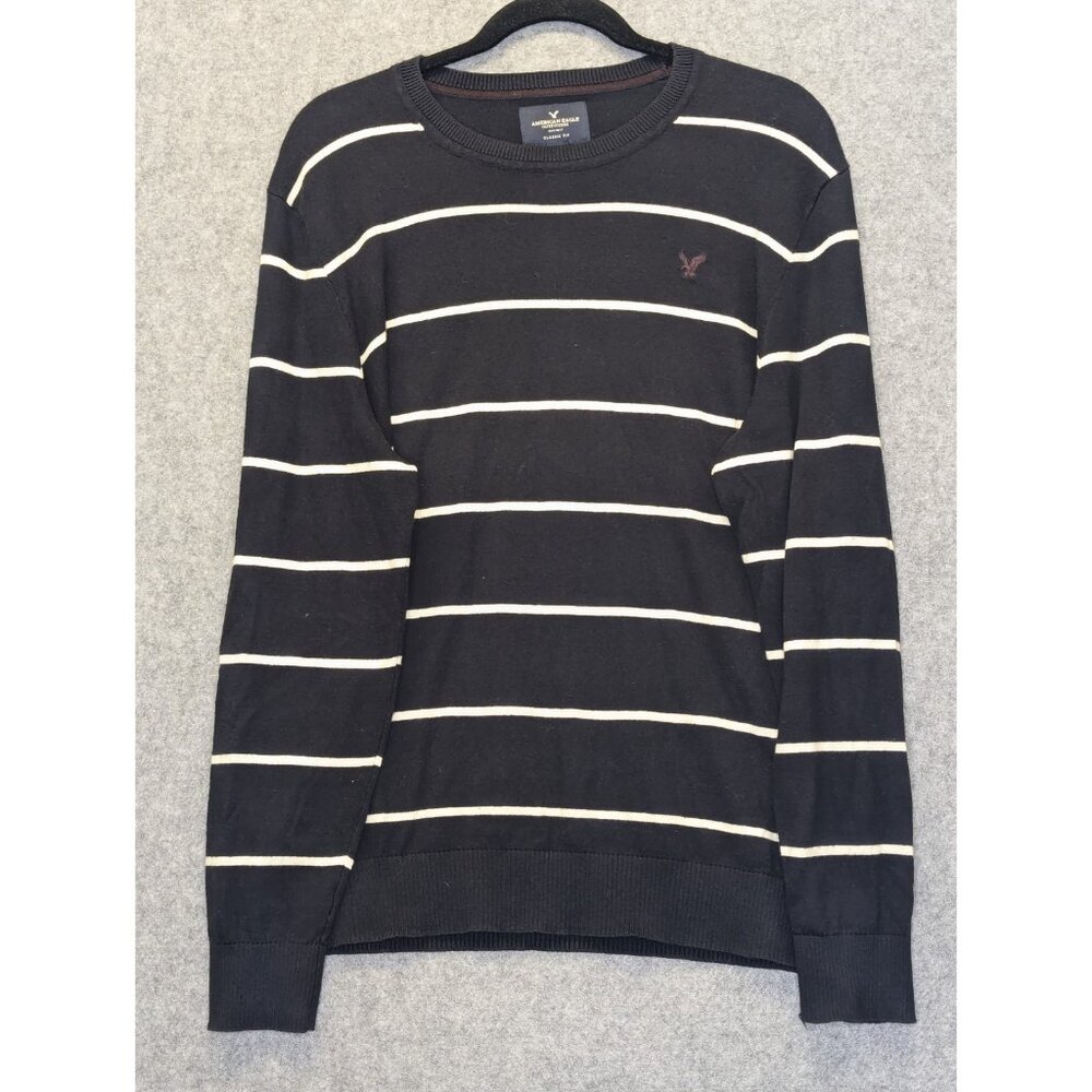 American Eagle Men’s Large Black Striped Sweater Long Sleeve Crew Neck Pullover